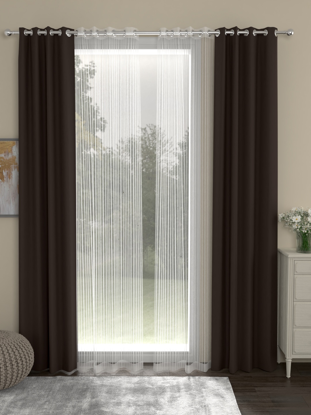 

ROSARA HOME Brown & White Set of 4 Door Curtains
