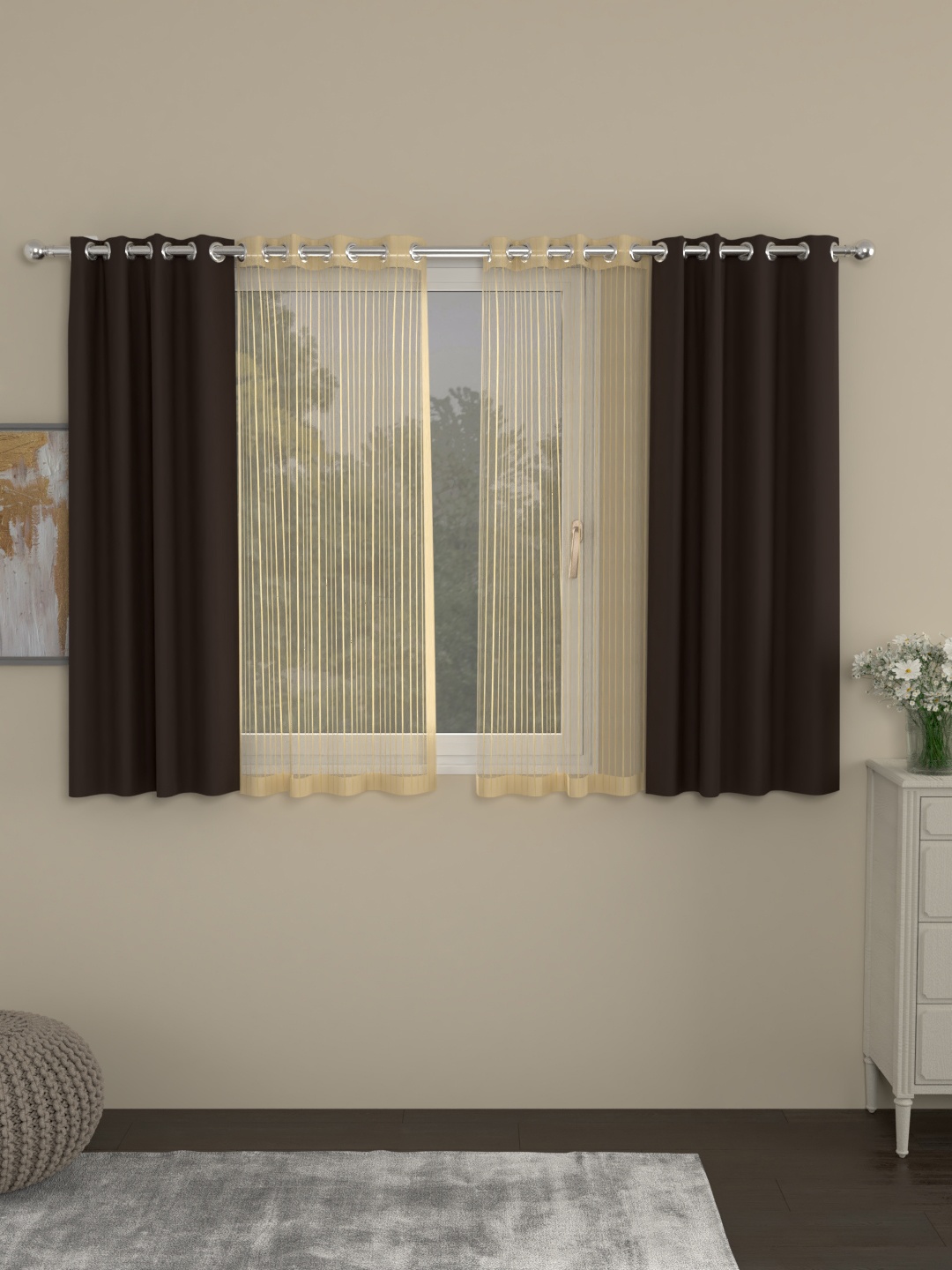 

ROSARA HOME Brown & Gold Set of 4 Window Curtains