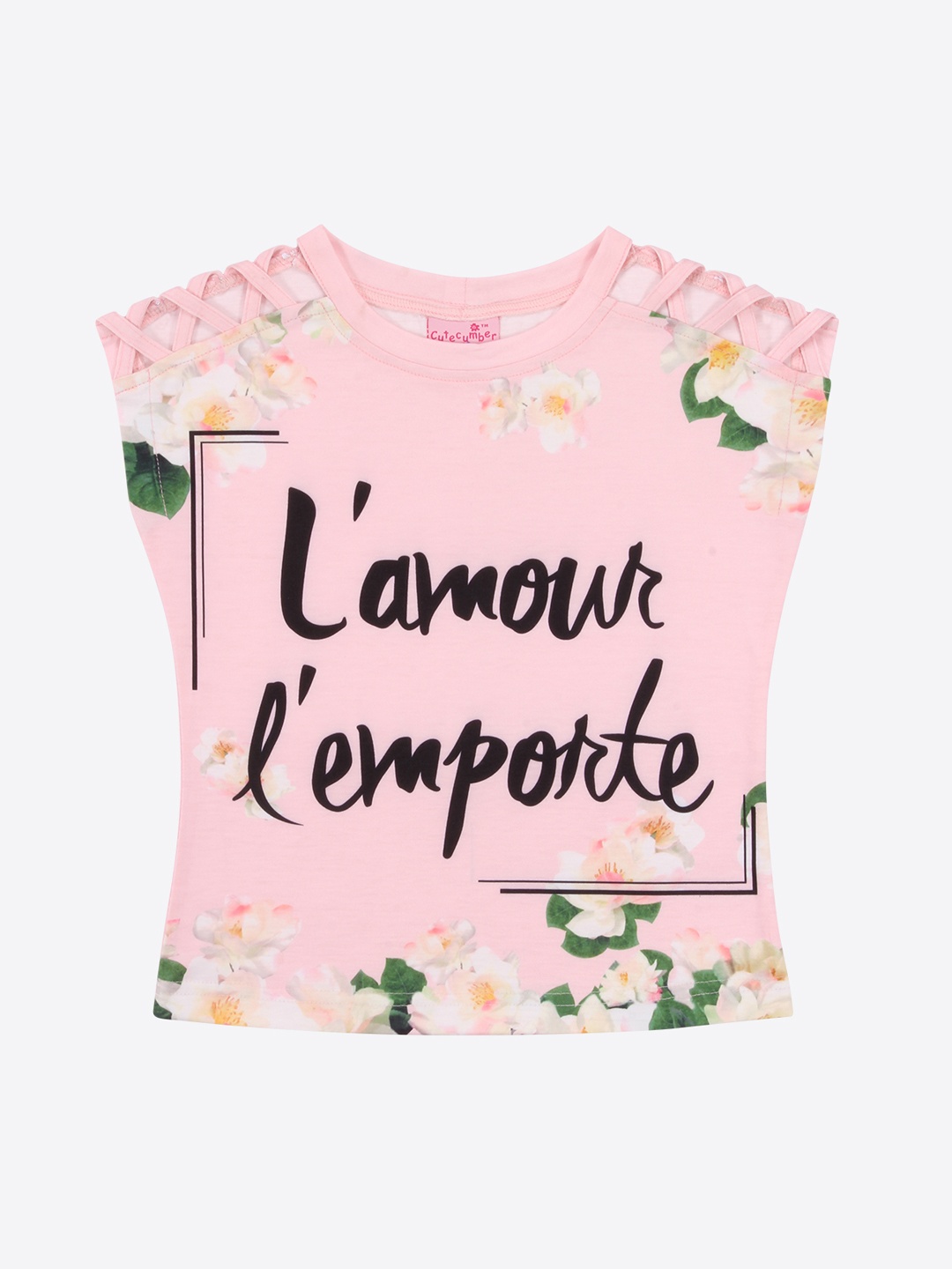

CUTECUMBER Girls Pink Pink & Black Typography Print T-shirt