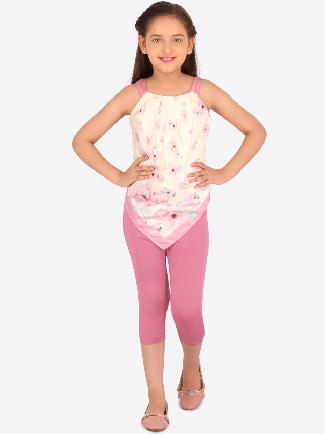 

CUTECUMBER Girls Pink & Cream-Coloured Printed Top with Capris