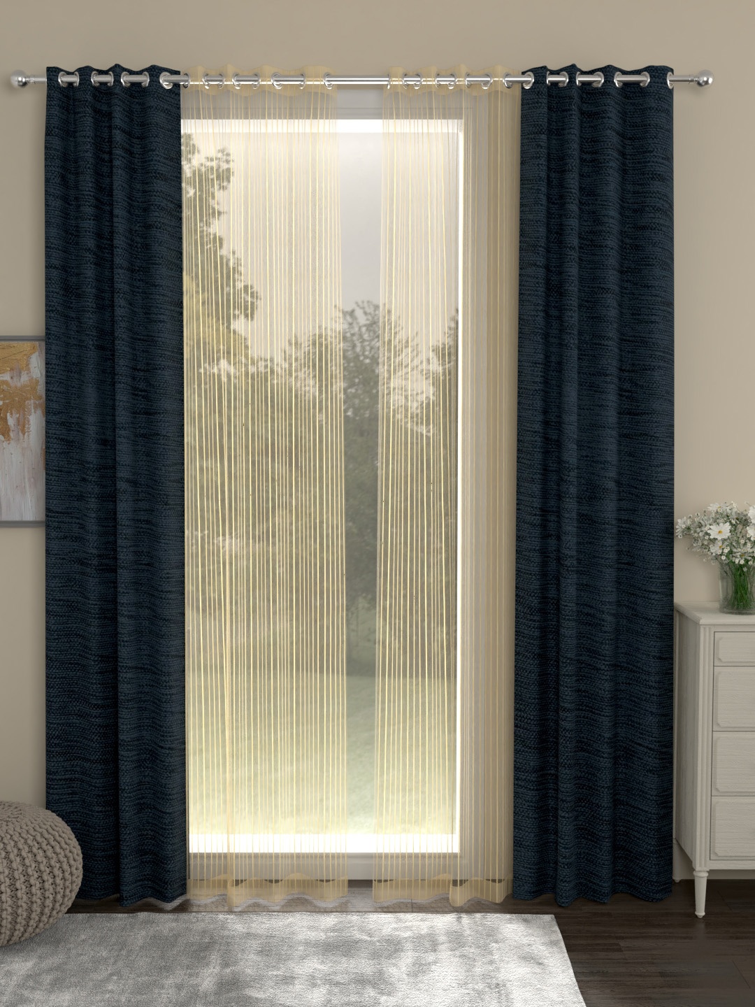 

ROSARA HOME Navy Blue & Gold-Toned Set of 4 Door Curtains