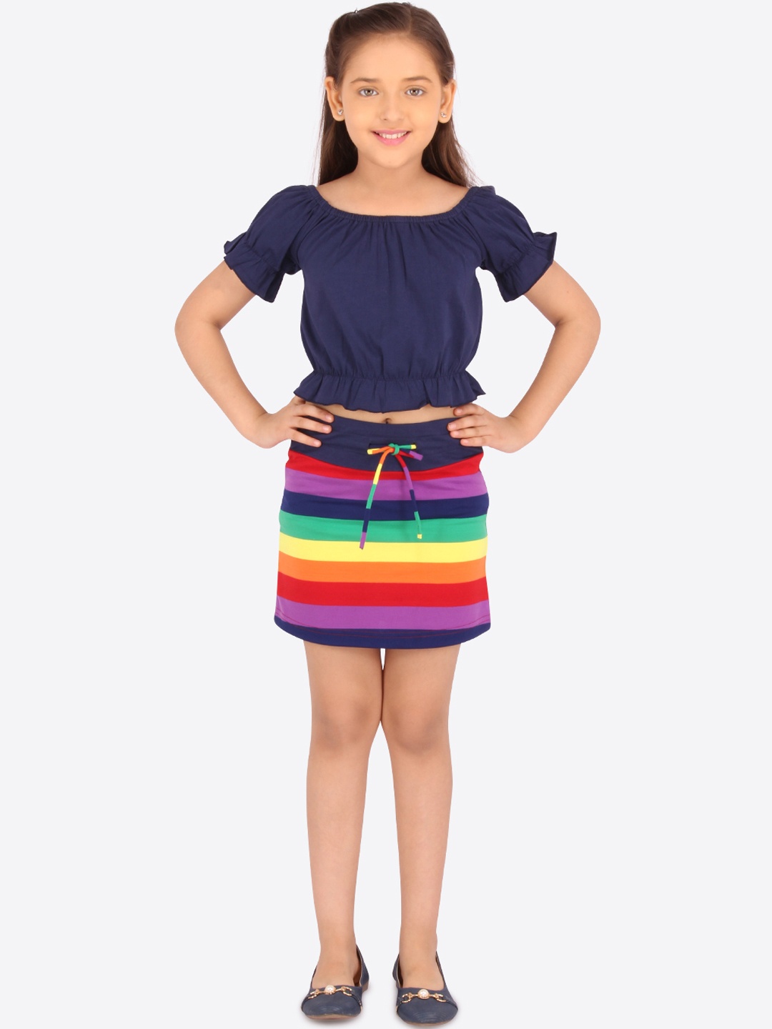 

CUTECUMBER Girls Navy Blue Solid Top with Skirt