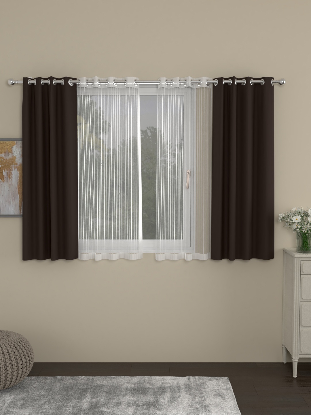 

ROSARA HOME Set of 4 Brown & White Window Curtains