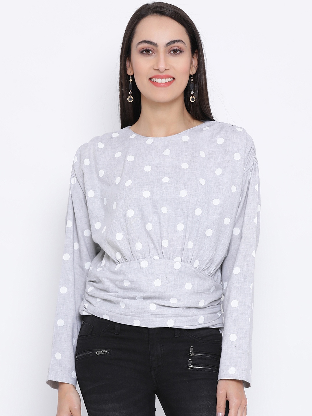 

Oxolloxo Women Grey & White Polka Dot Printed Lucious Clara Empire Pure Cotton Top