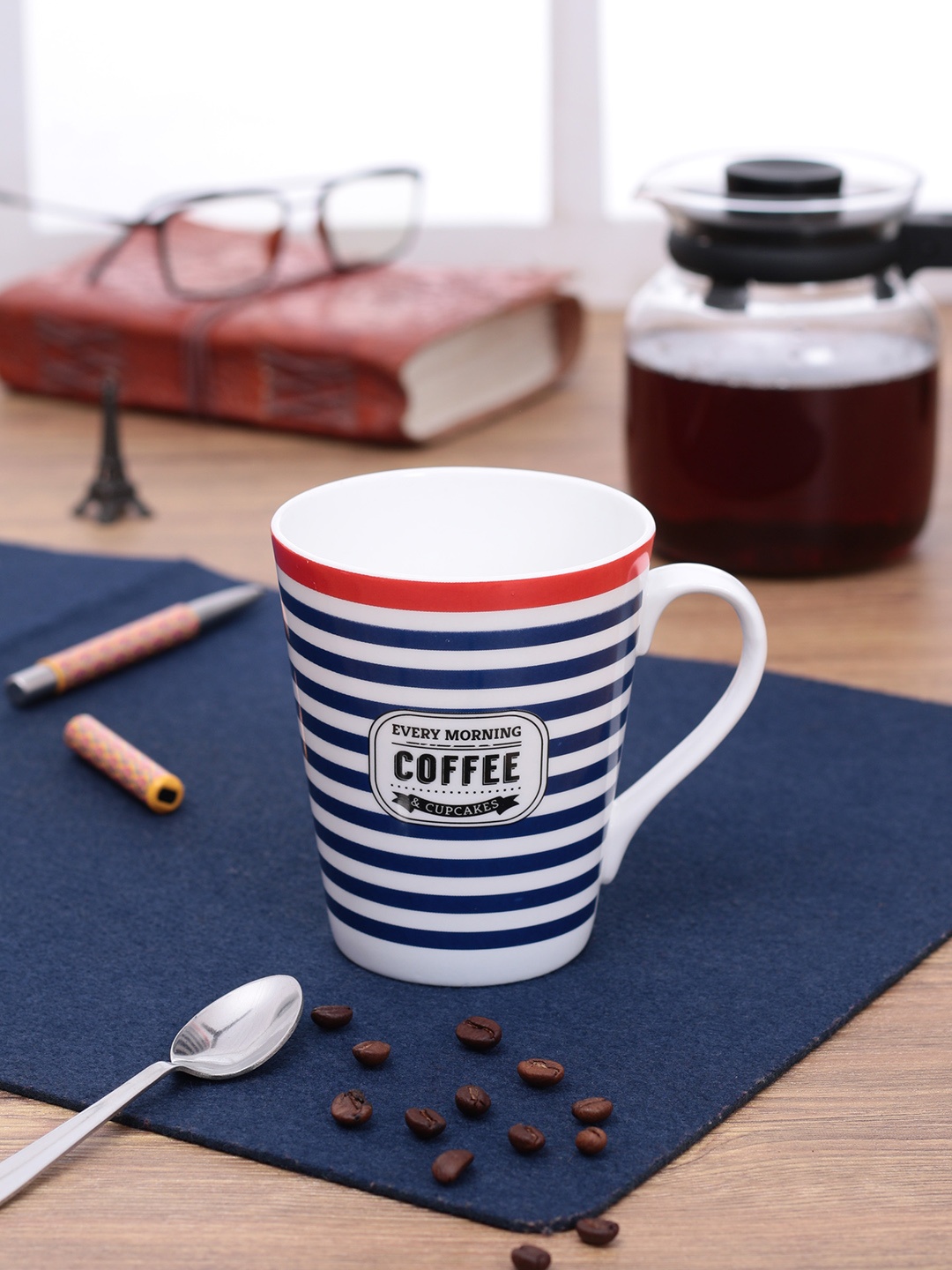 CLAY CRAFT Set Of 4 Blue & White Striped Ceramic Coffee Mugs