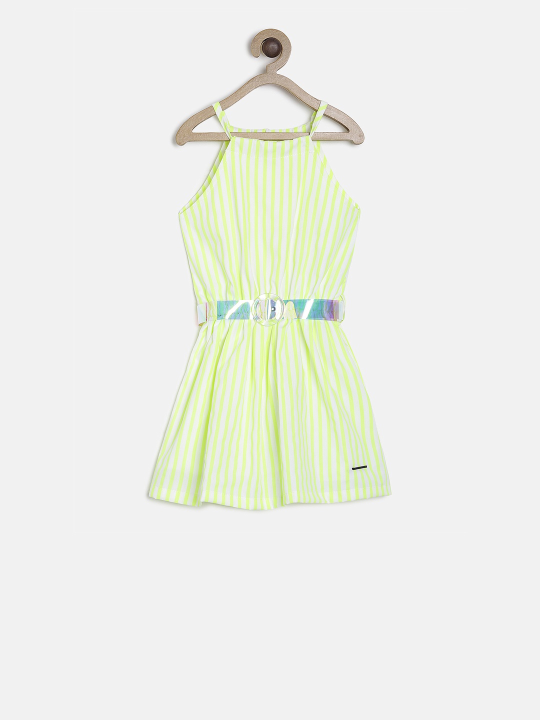 

TALES & STORIES Girls Green and White Striped Fit and Flare Dress