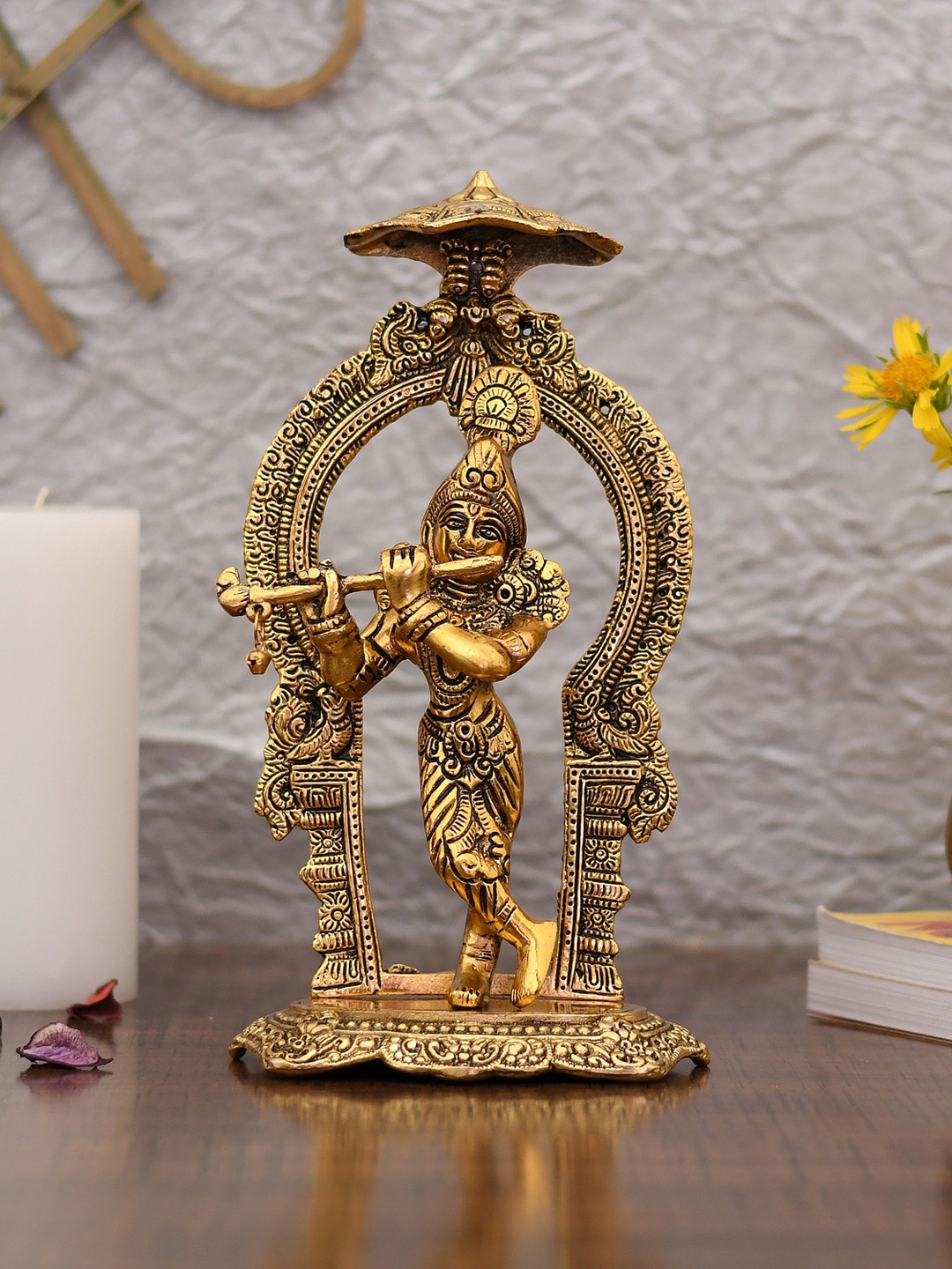 

CraftVatika Gold-Toned Krishna Flute Playing Statue Showpiece
