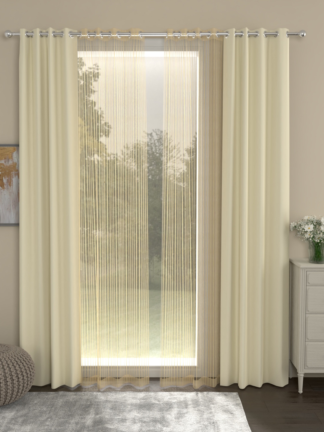 

ROSARA HOME Cream-Coloured & Gold-Toned Set of 4 Erba Striped Door Curtains