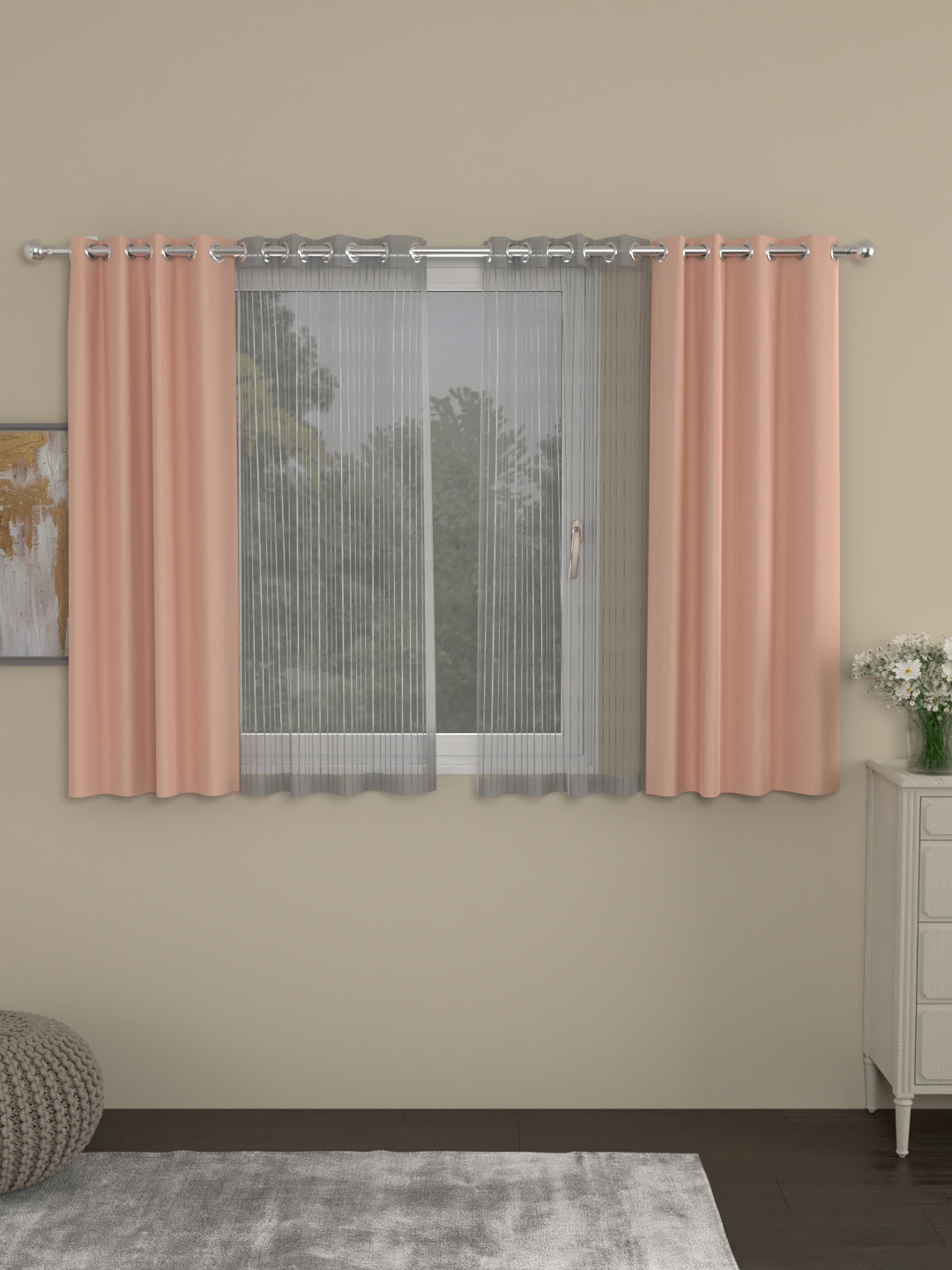 

ROSARA HOME Peach-Coloured & Grey Set of 4 Erba Window Curtains