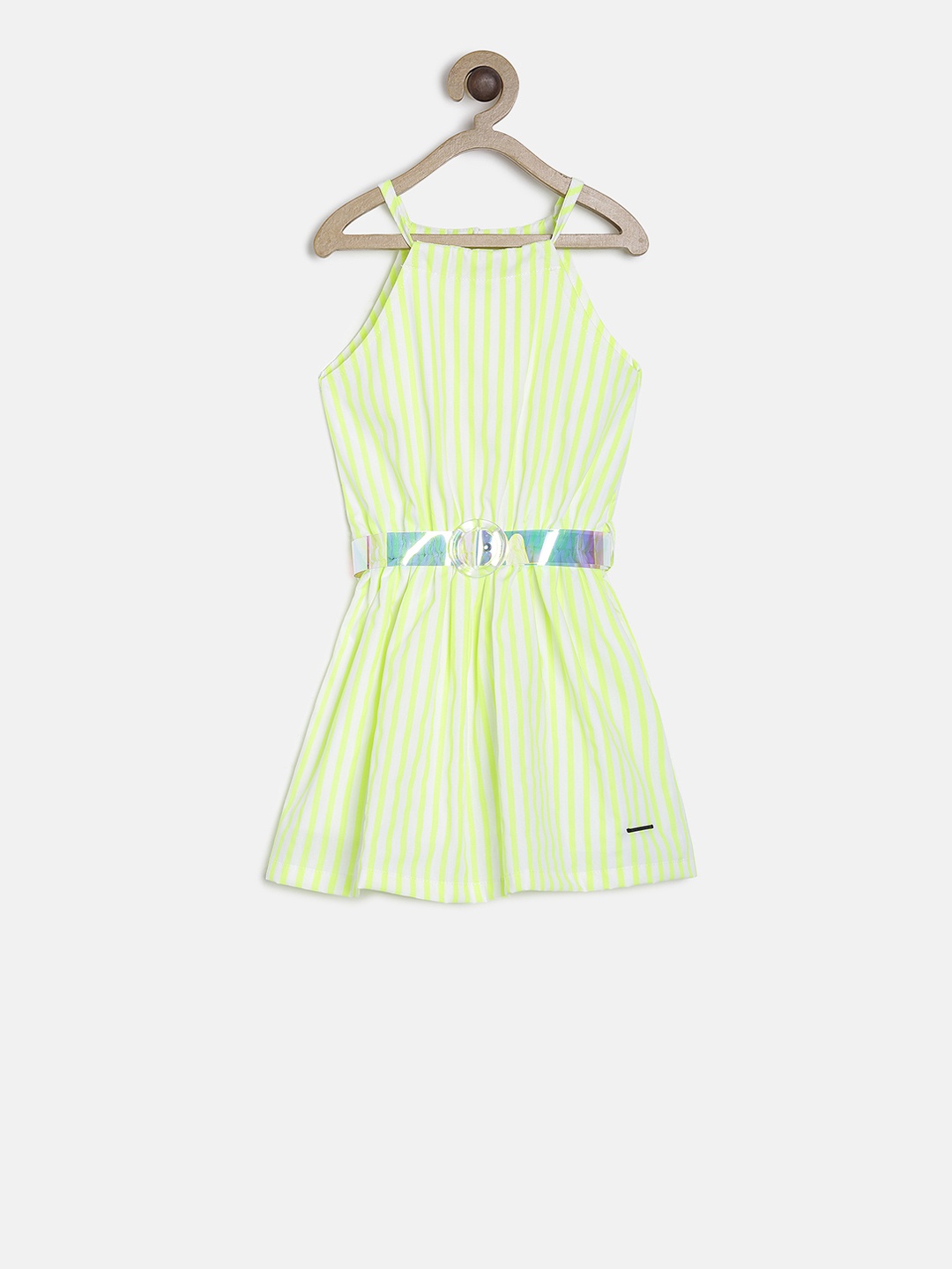 

TALES & STORIES Girls Fluorescent Green Striped Fit and Flare Dress