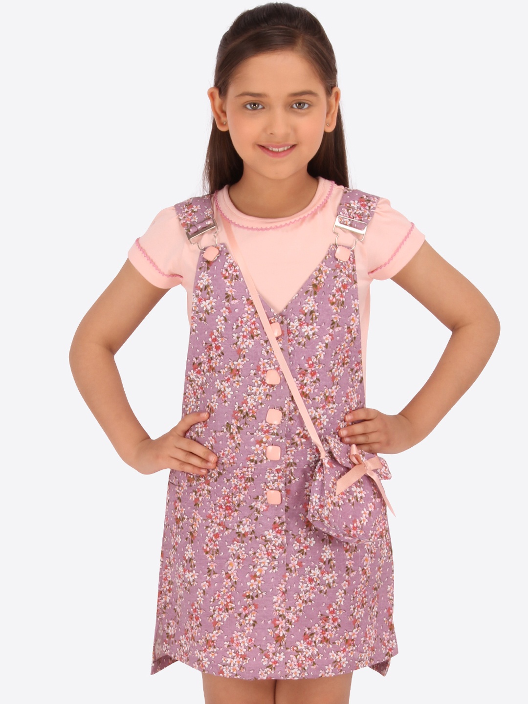 

CUTECUMBER Girls Peach-Coloured & Purple Printed Pinafore Dress