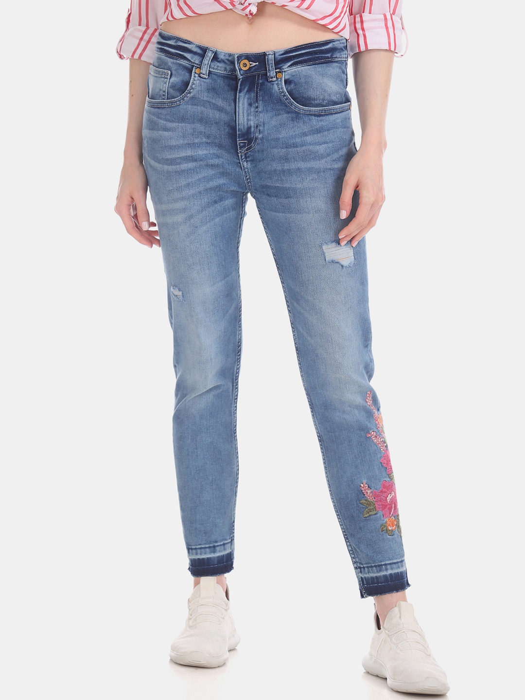 

U.S. Polo Assn. Women Women Blue Embroidered Skinny Fit High-Rise Mildly Distressed Jeans