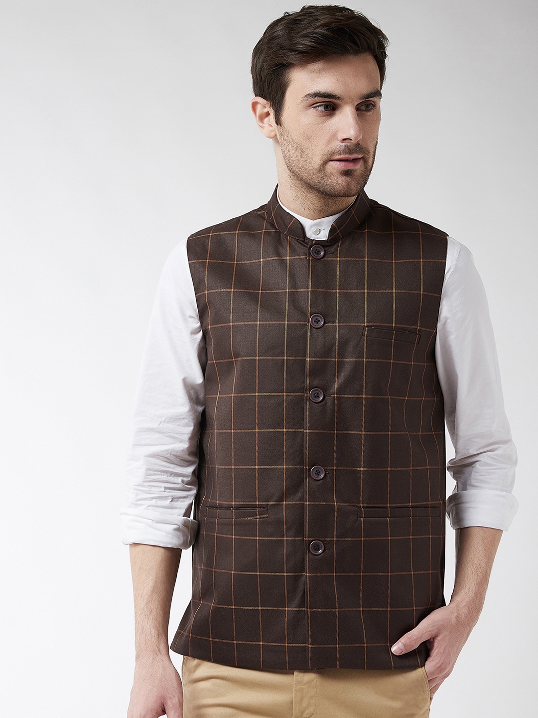 SOJANYA Men Coffee Brown Checked Woven Nehru Jacket