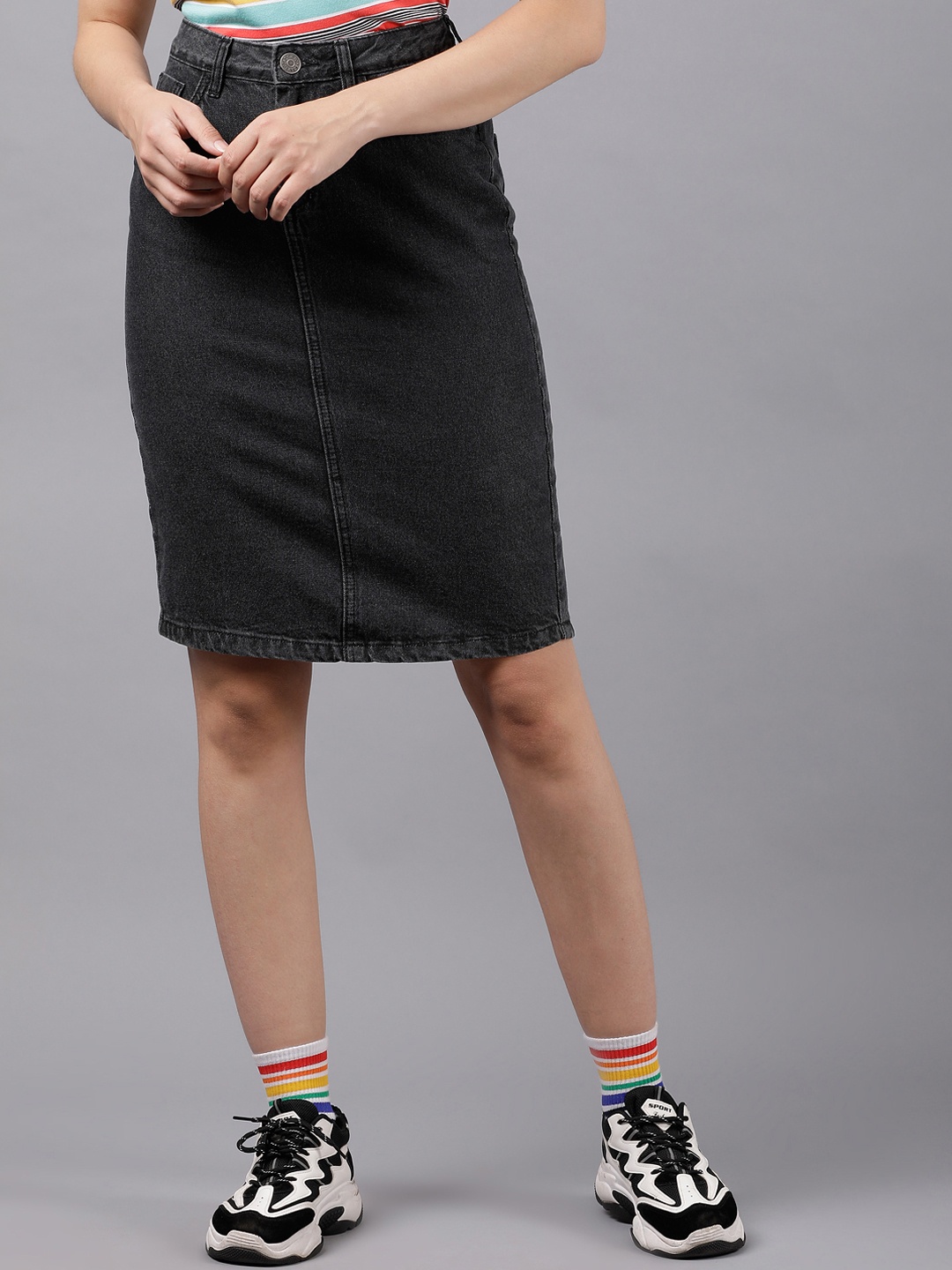 

Tokyo Talkies Charcoal Grey Straight Denim Pure Cotton Knee-Length Skirt