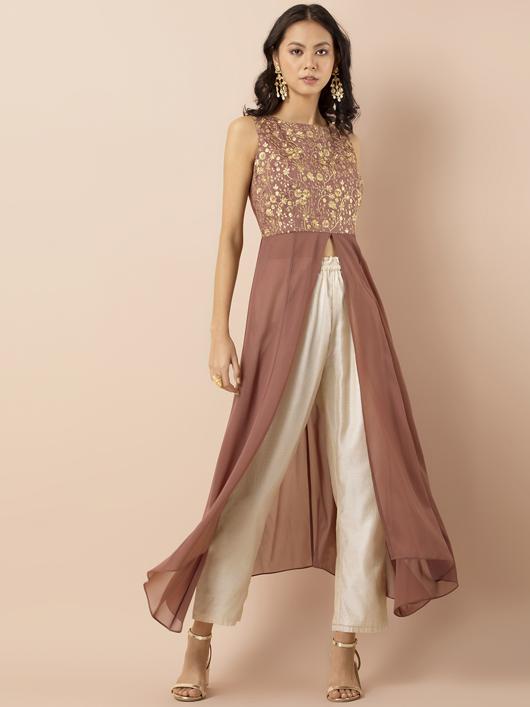 

INDYA Pink Zari Embroidered High Slit Tunic