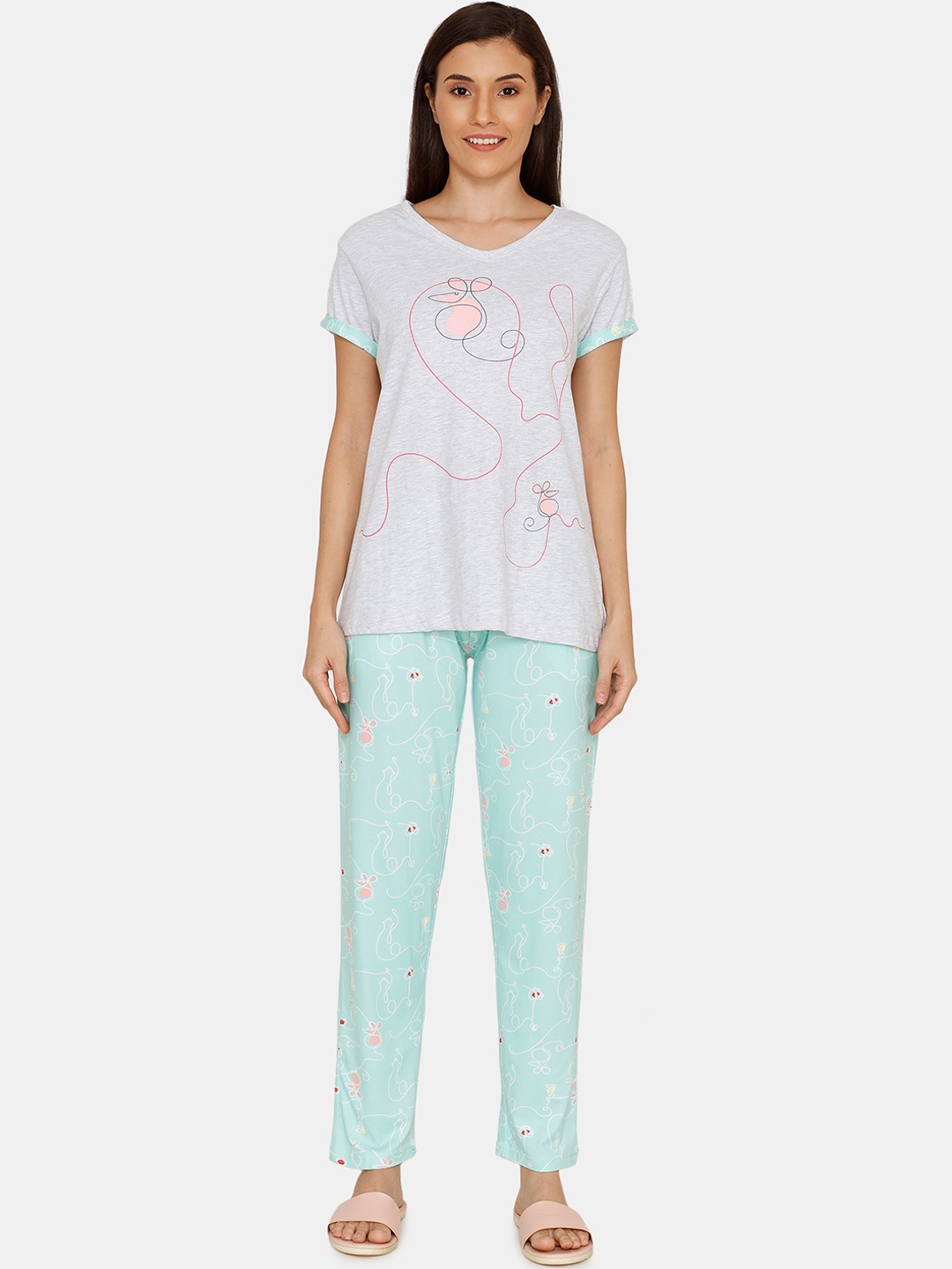 

Zivame Women Grey & Blue Printed Night suit