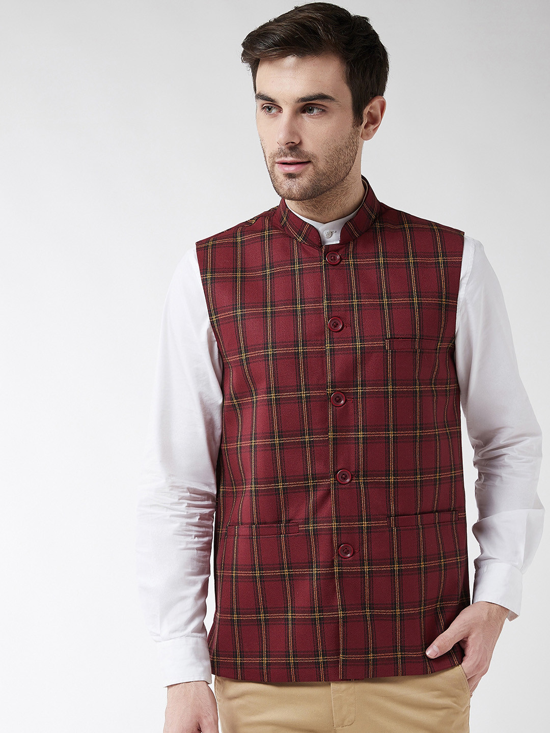 

SOJANYA Men Maroon & Black Checked Woven Nehru Jacket