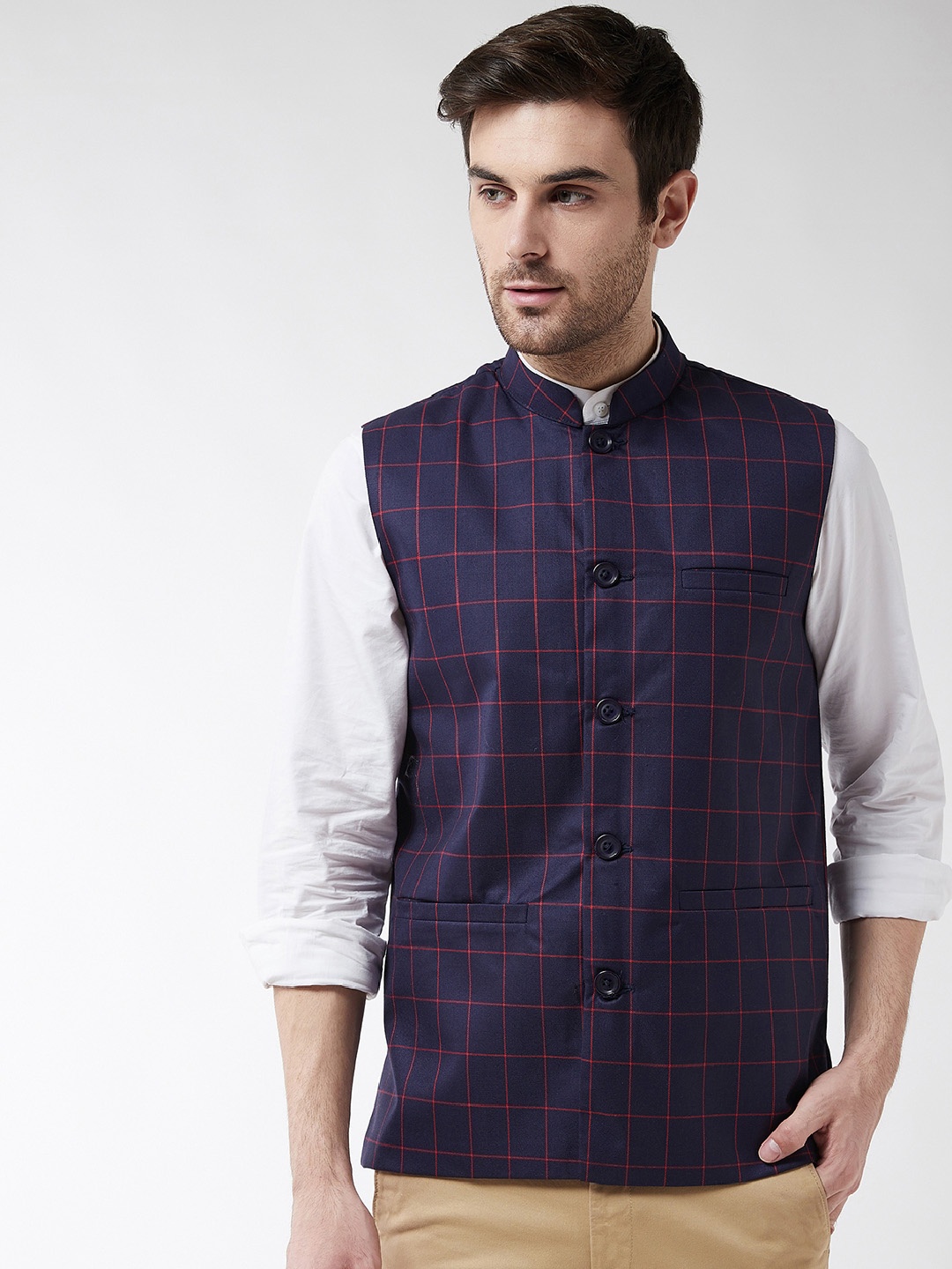 

SOJANYA Men Navy Blue & Red Checked Woven Nehru Jacket