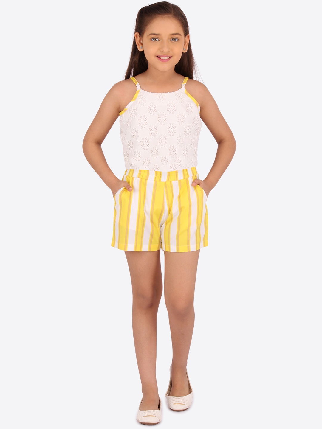 

CUTECUMBER Girls Off-White & Yellow Self Design Top with Shorts
