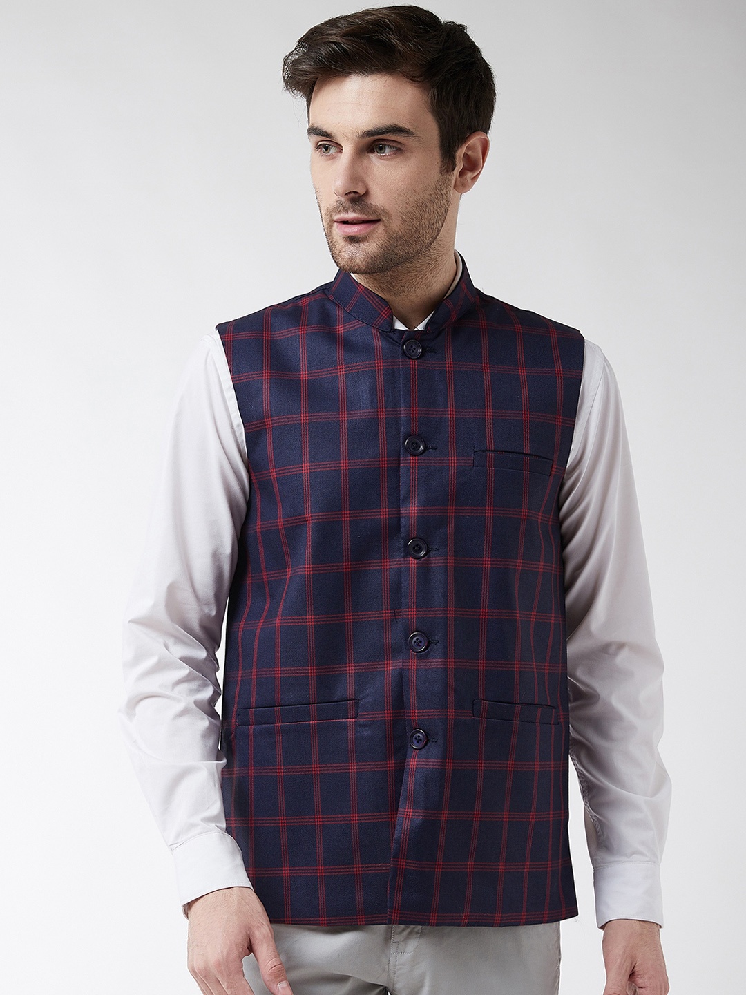 

SOJANYA Men Navy Blue & Red Checked Woven Nehru Jacket