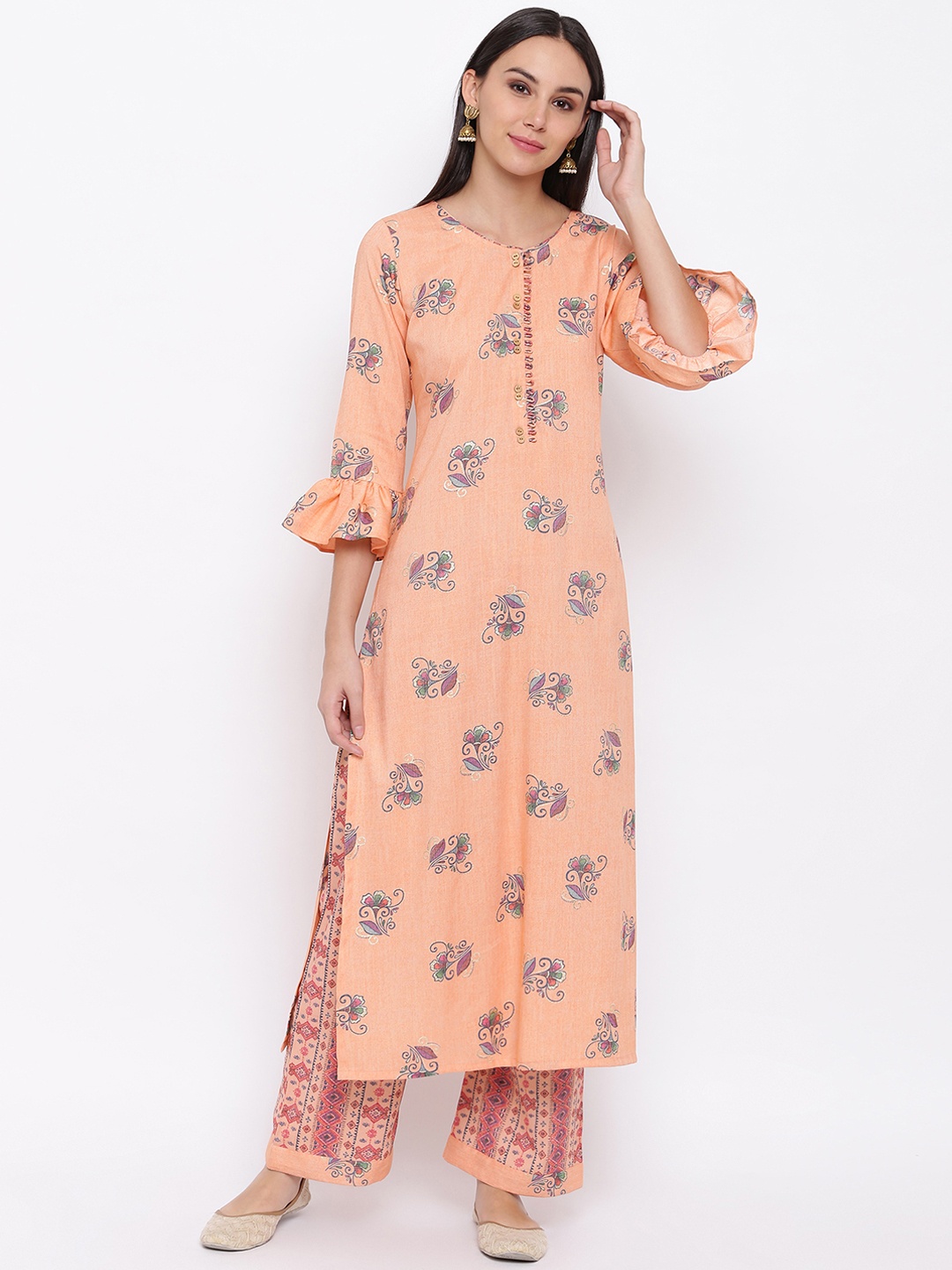 

FABNEST Women Peach Floral Print Kurta & Palazzos