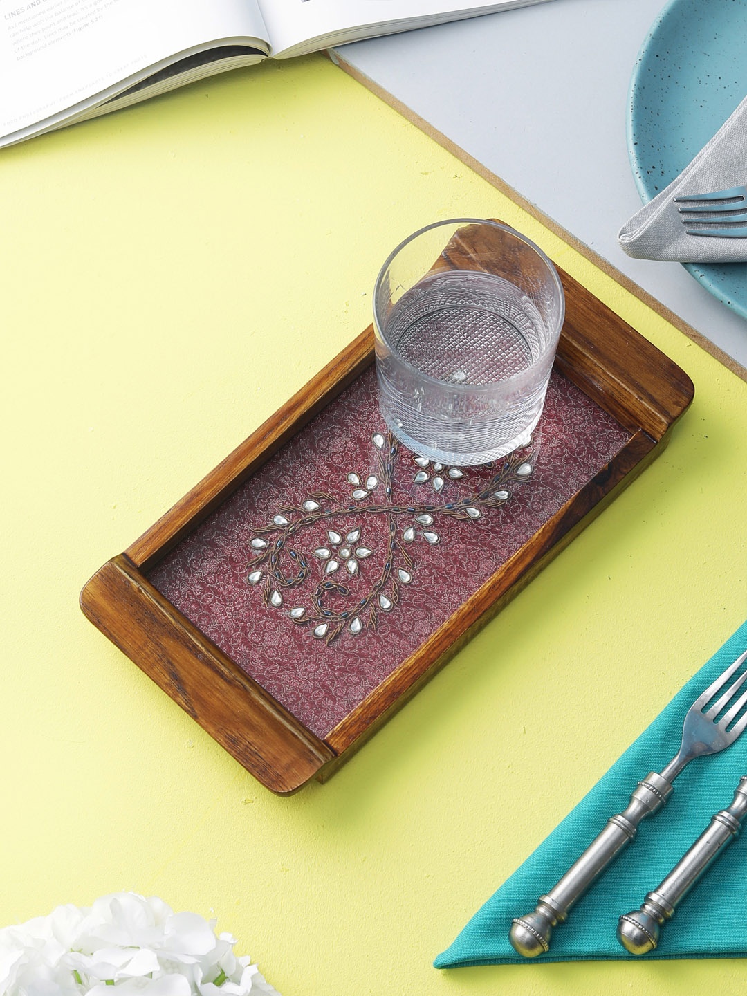 

VarEesha Brown & Maroon Kundan Work Handmade Teak Wood Small Serving Tray