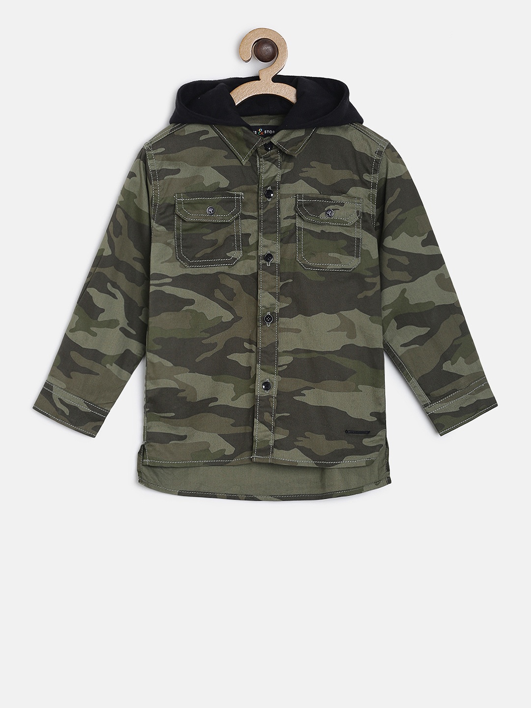 

TALES & STORIES Boys Olive Green Camouflage Printed Casual Shirt