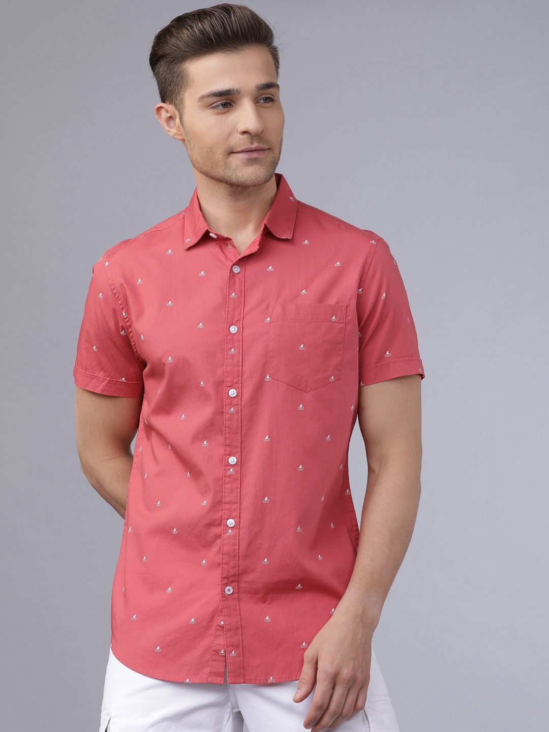 HIGHLANDER Men Coral Pink & White Slim Fit Printed Casual Shirt