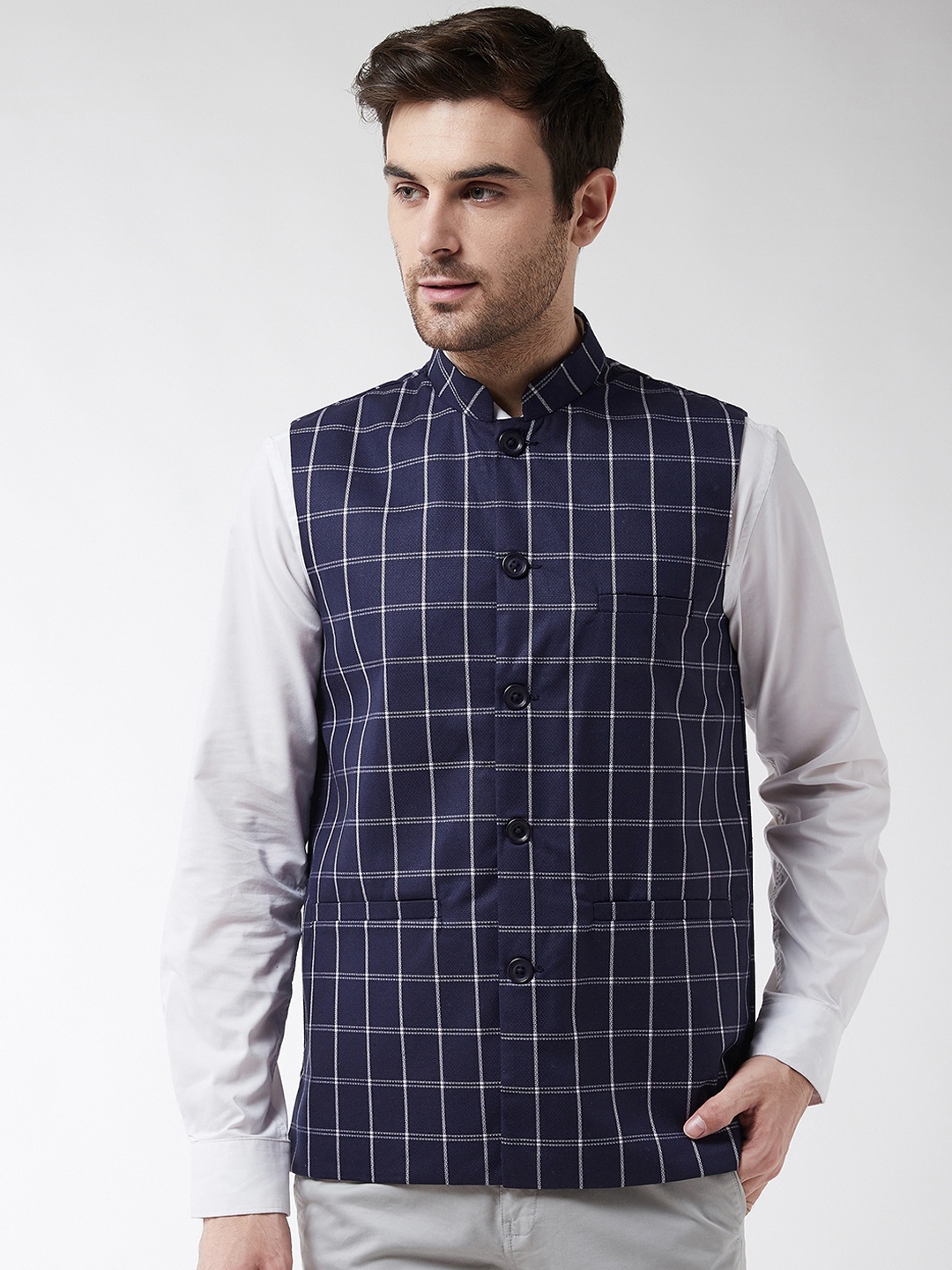 

SOJANYA Men Navy Blue & White Checked Woven Nehru Jacket
