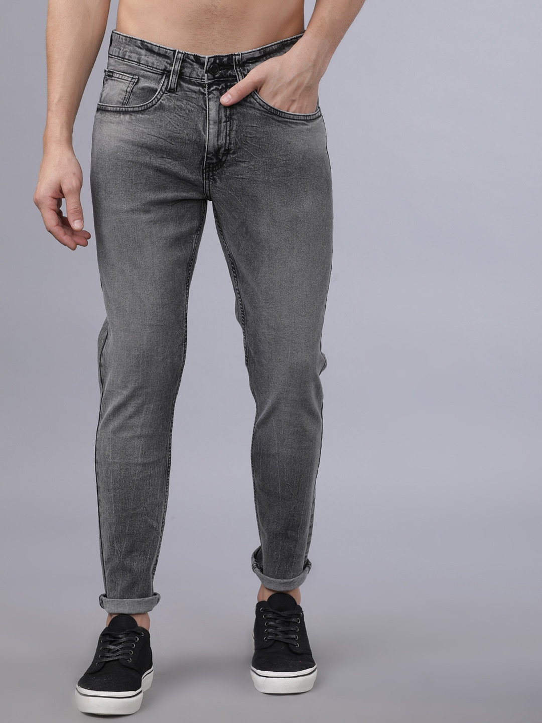 HIGHLANDER Men Grey Tapered Fit Mid-Rise Clean Look Stretchable Jeans