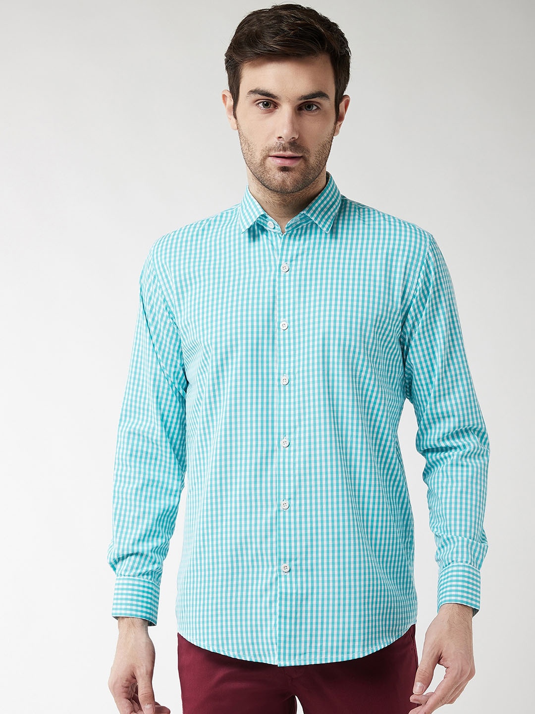 

SOJANYA Men Sea Green & White Regular Fit Checked Casual Shirt