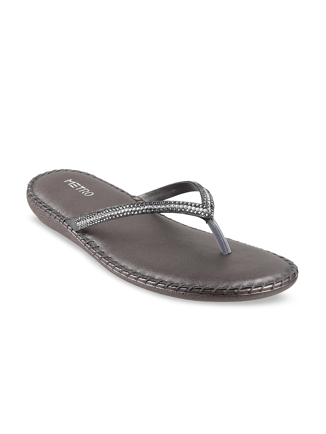 

Metro Women Gunmetal-Toned Embellished Open Toe Flats, Grey