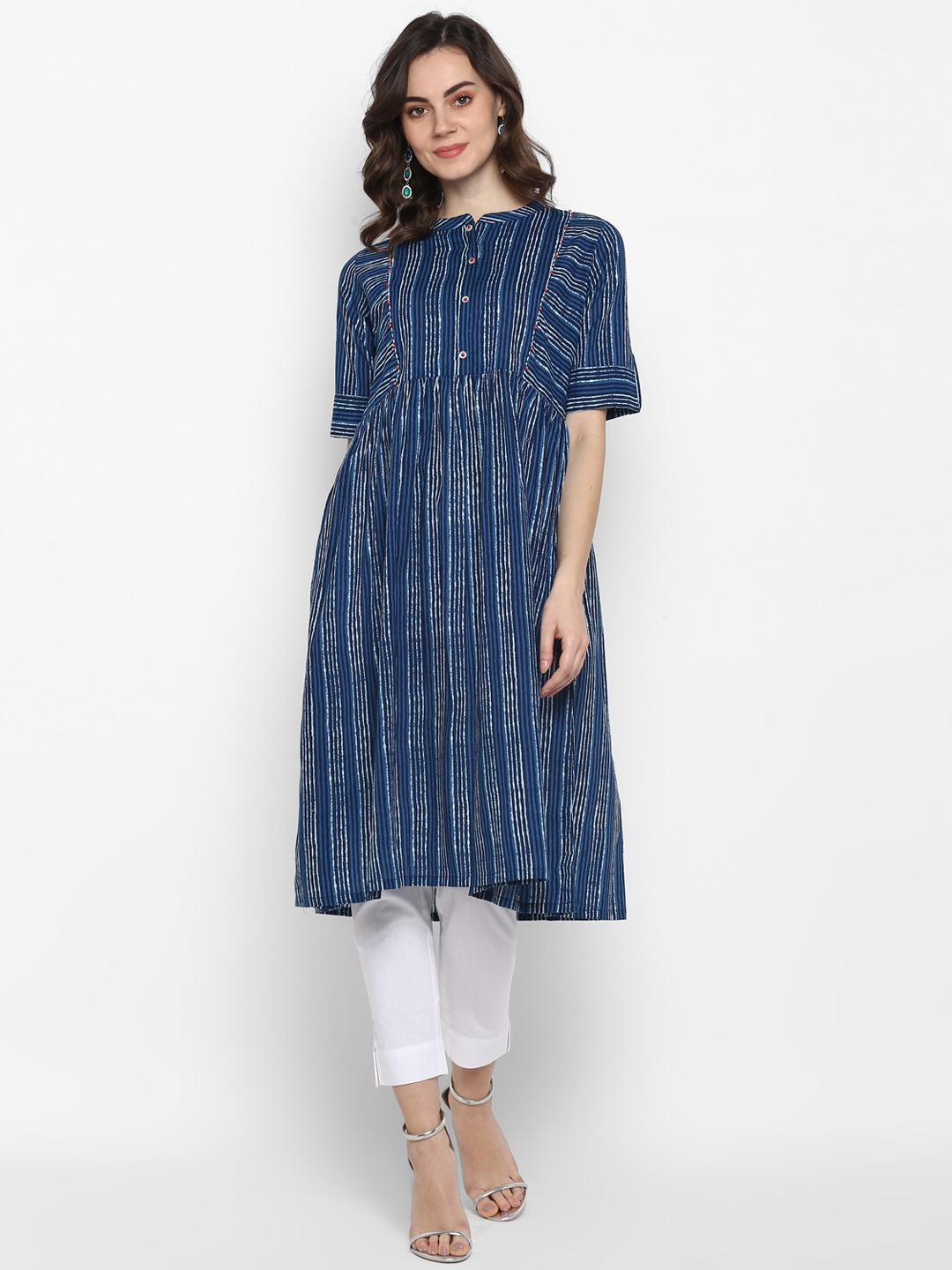 

Janasya Women Blue & White Striped A-Line Kurta