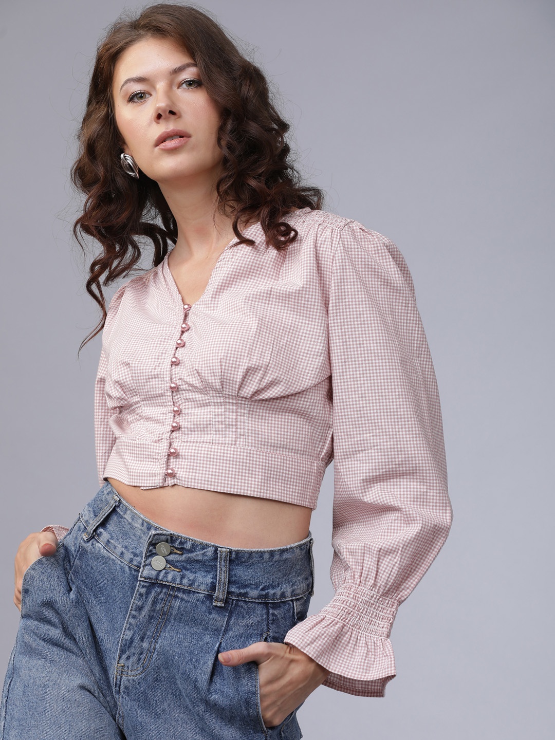 

Tokyo Talkies Women Pink Checked Shirt Style Pure Cotton Top