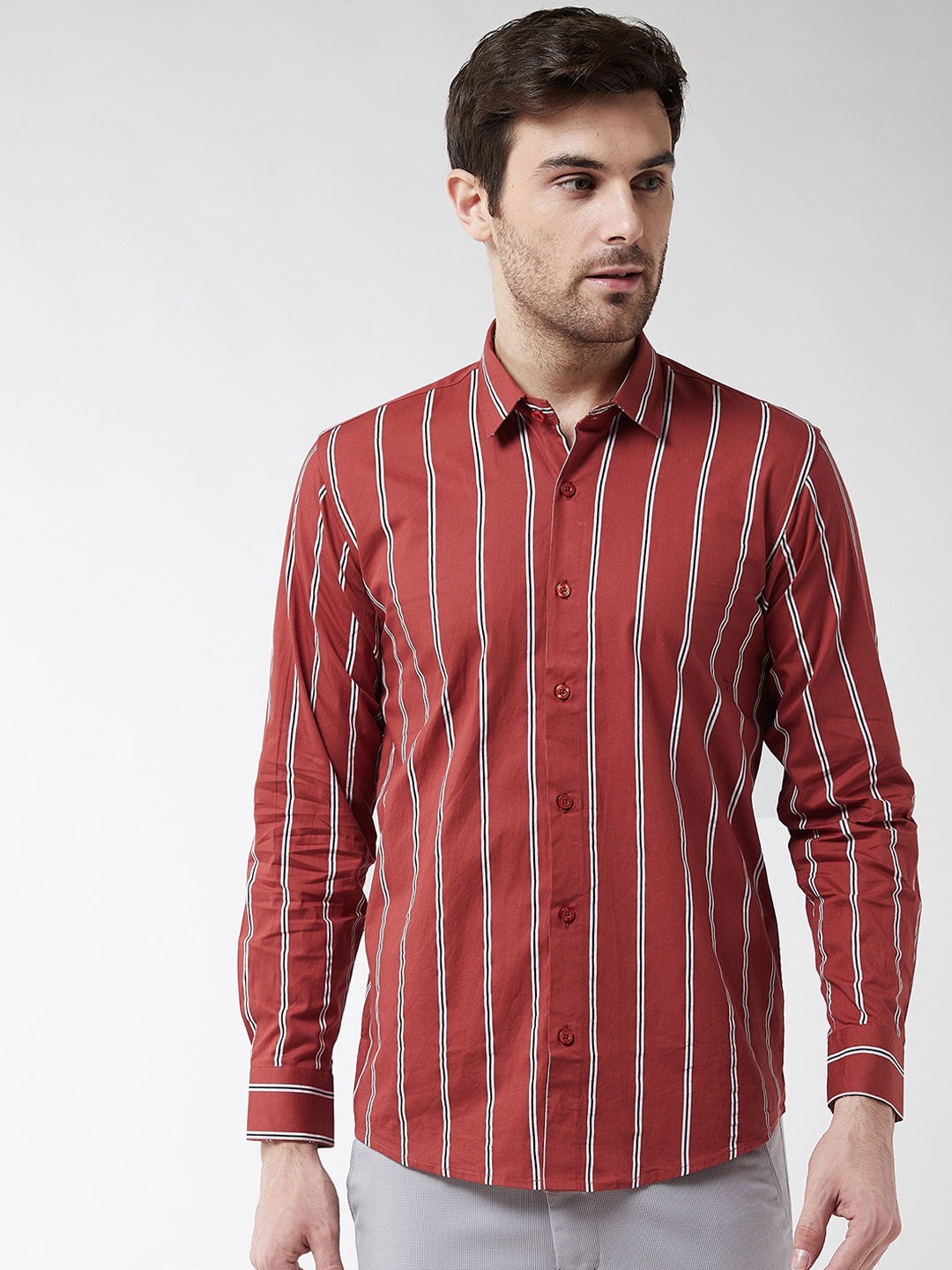 

SOJANYA Men Rust Red & White Regular Fit Striped Casual Shirt