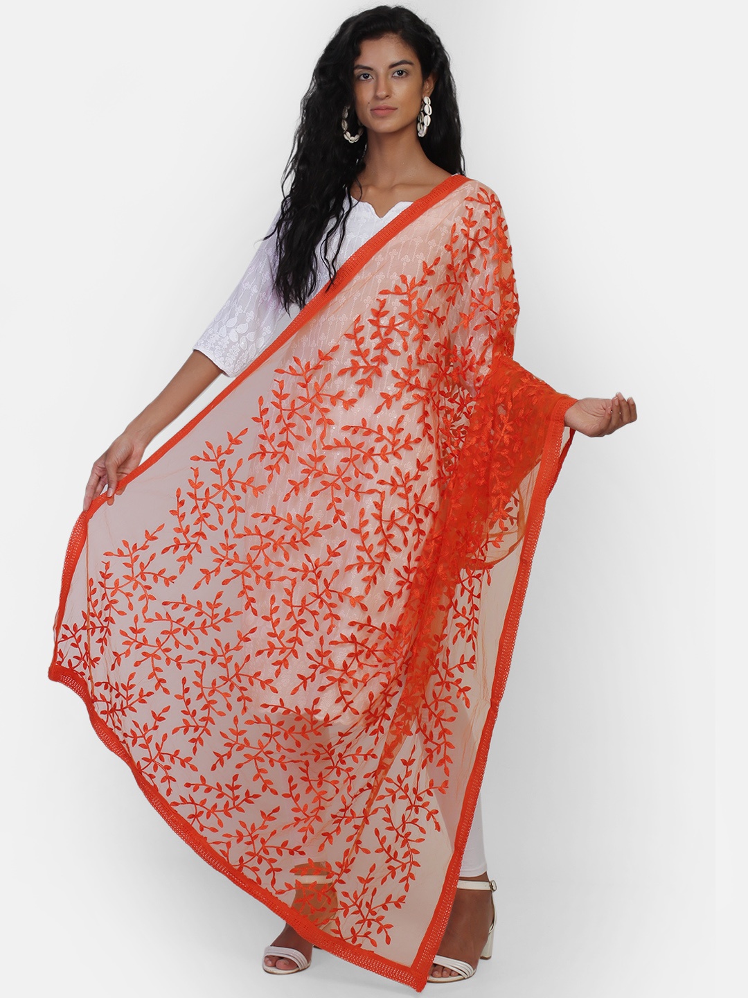 

amraoo Orange & White Net Embroidered Dupatta