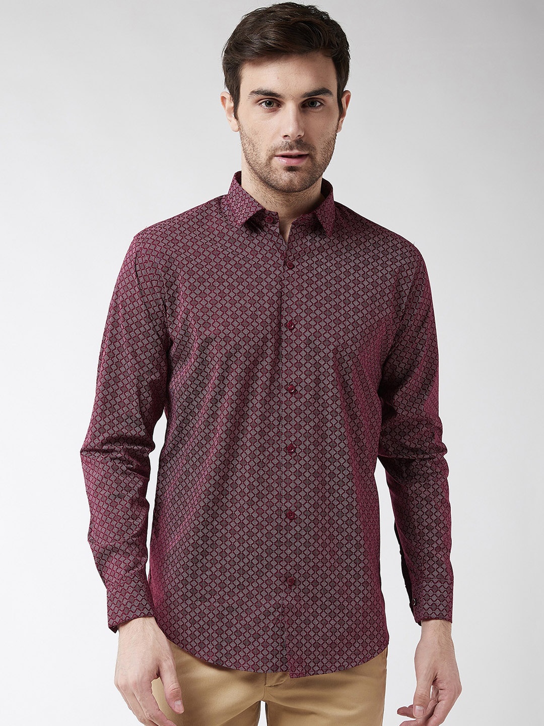 SOJANYA Men Burgundy & White Regular Fit Printed Casual Shirt