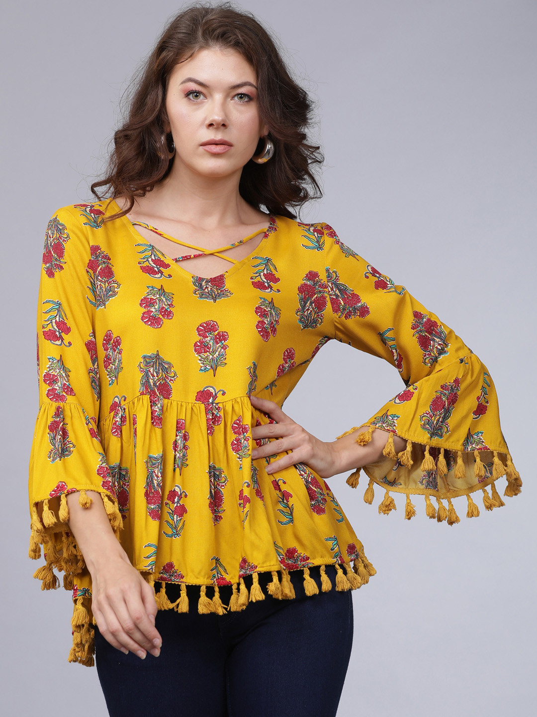 

Vishudh Women Mustard Yellow Floral Print Top