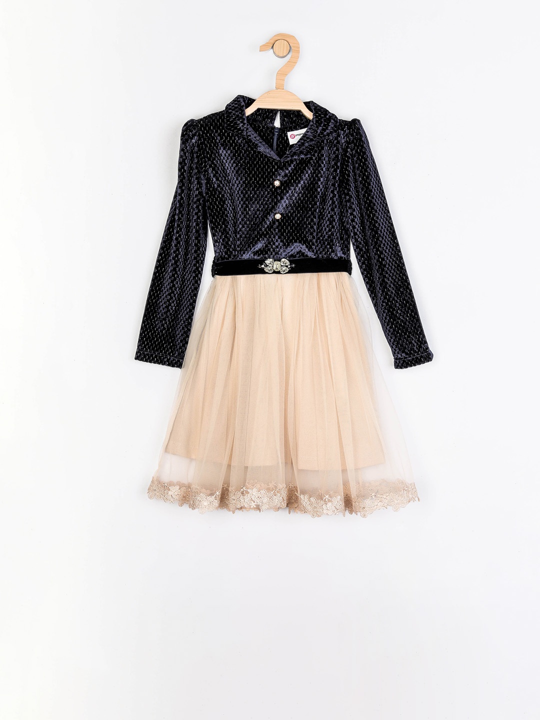 

Peppermint Girls Beige & Black Colourblocked Embellished Fit and Flare Dress