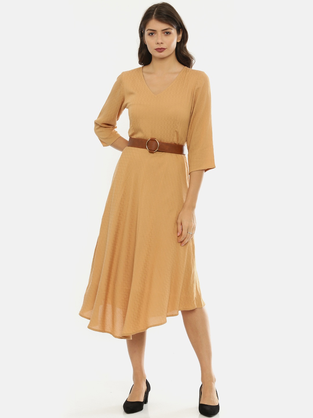 IDK Women Beige Solid Fit and Flare Dress