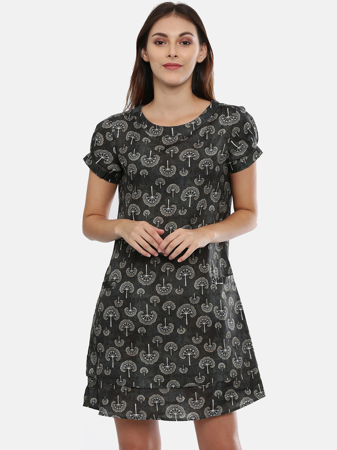 

IDK Women Green Printed A-Line Dress, Grey