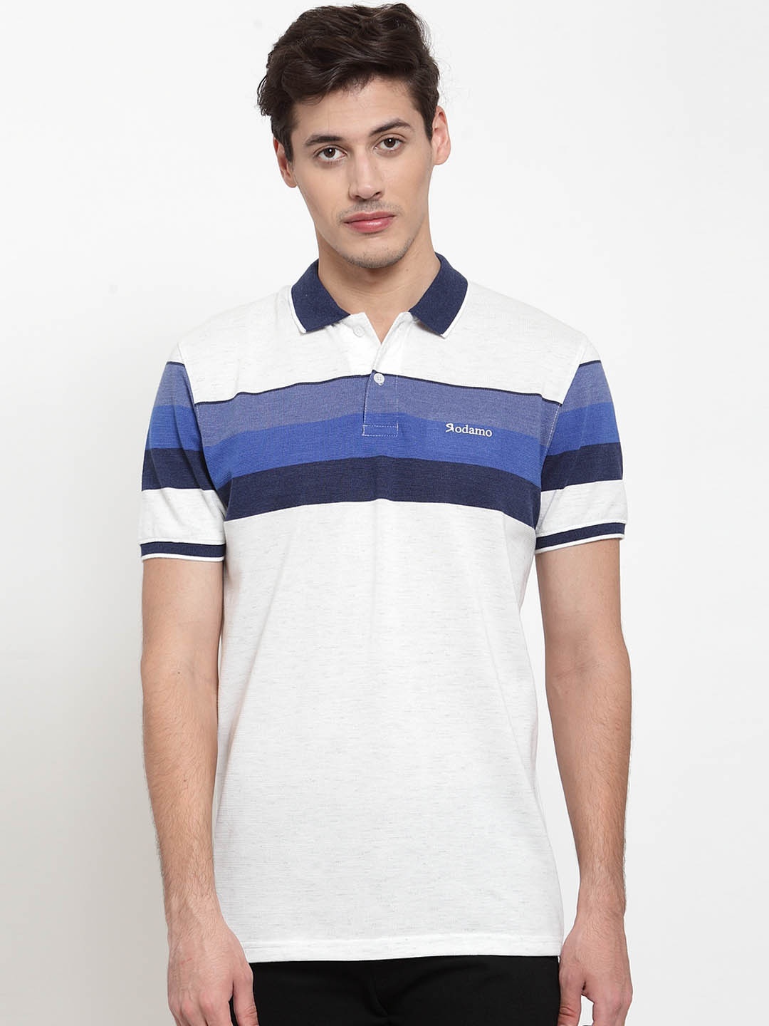 

Rodamo Men White & Blue Striped Polo Collar T-shirt