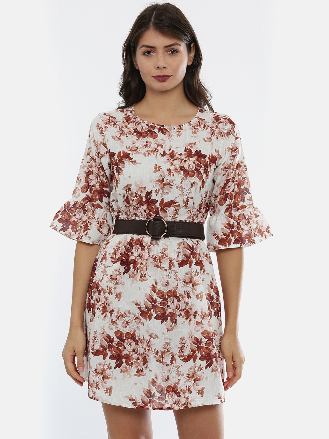 

IDK Women White & Brown Floral Printed Fit and Flare Dress
