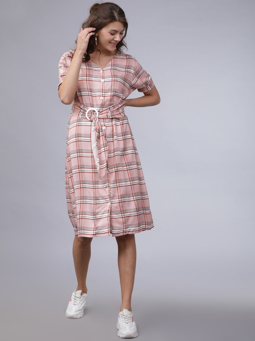 

Tokyo Talkies Women Pink Checked Fit and Flare Dress