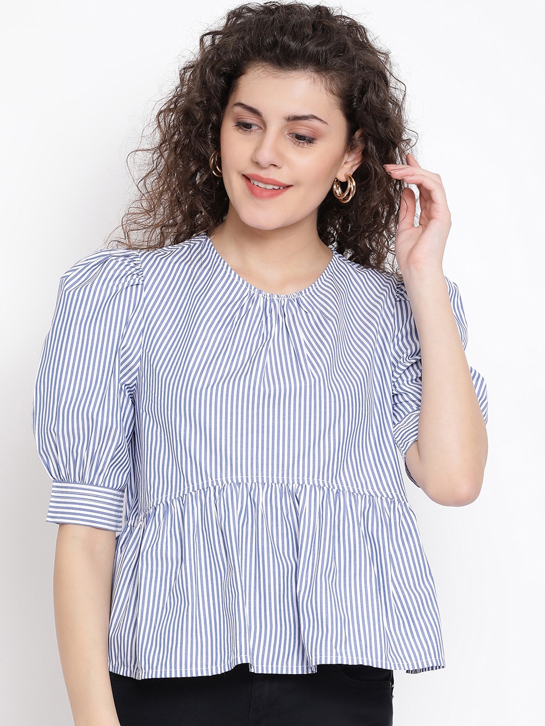 

Oxolloxo Women Striped Peplum Top, Blue