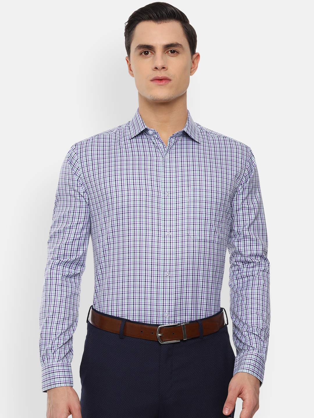 Louis Philippe Men Lavender & Green Slim Fit Checked Formal Shirt