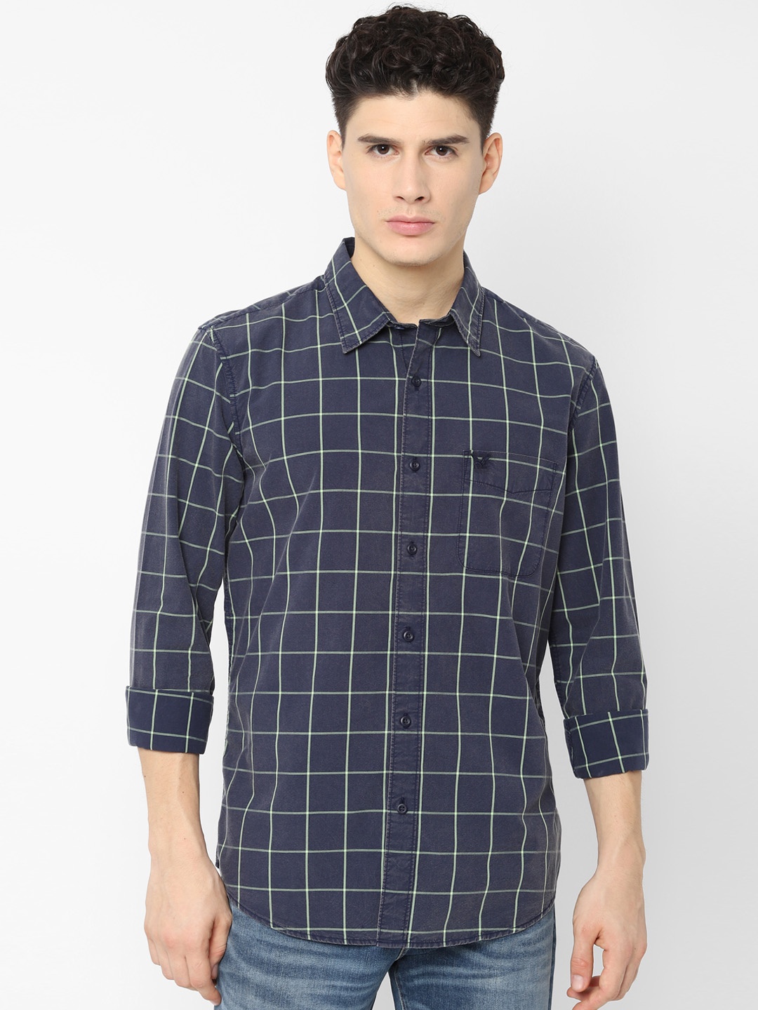 

AMERICAN EAGLE OUTFITTERS Men Blue Checked Regular Fit Casual Shirt