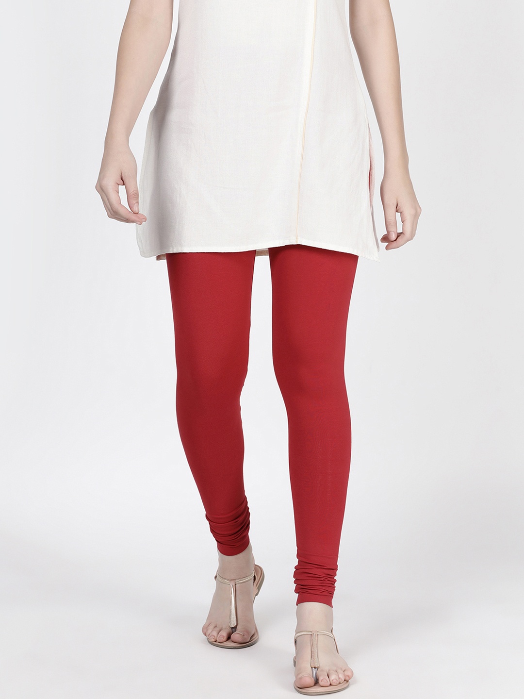 

TWIN BIRDS Women Red Coloured Solid Churidar-Length Leggings