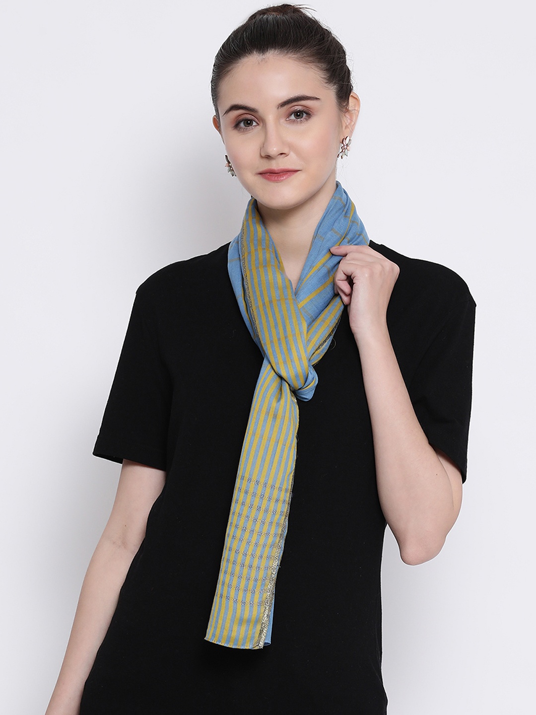 

SHINGORA Women Blue & Mustard Checked Dobby Stole