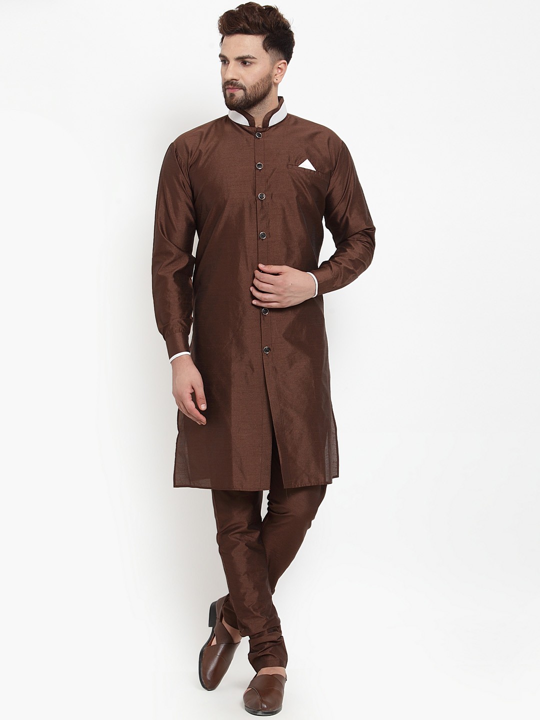 

Benstoke Men Brown & White Solid Sherwani Set